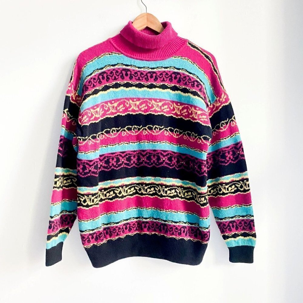 Vintage Esprit Colourful Magenta Teal Wool Blend Turtleneck M